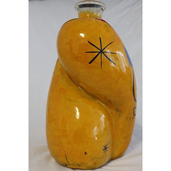 Vtg 1990's Large Hand Painted From The Inside Yellow Bulbous Vase Abstract - Picture 9 of 10